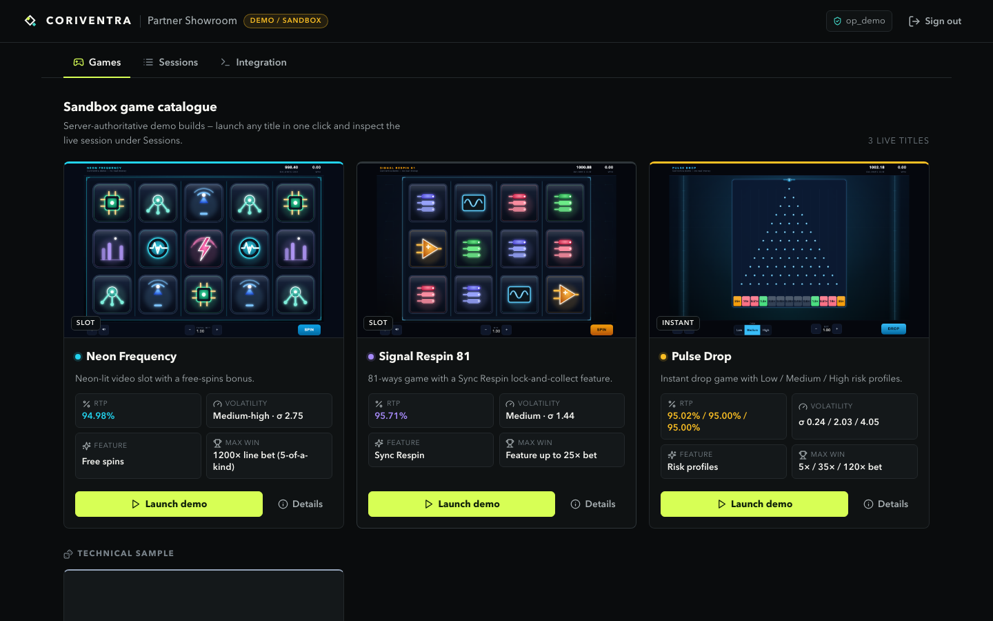 Coriventra Partner Showroom catalogue showing the three headline demo games